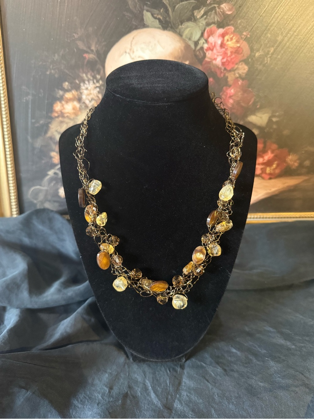 Handcrafted Wire woven Amber-Tone Beaded Statement Necklace